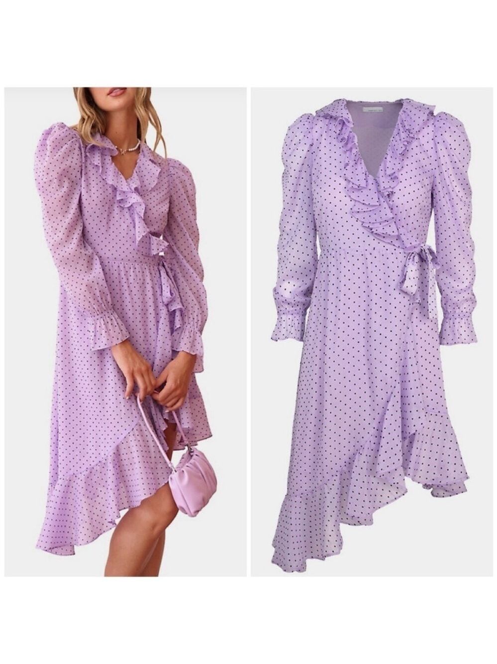 Adelyn Rae Elegant  Lavender Polka Dot Wrap Dress Medium